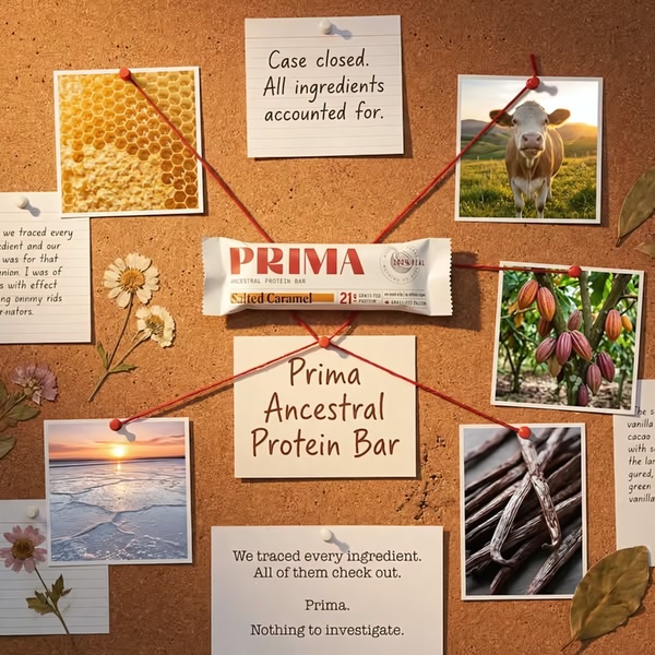An investigation-board themed ad for an ancestral protein bar that visually links product ingredients to their natural sources.